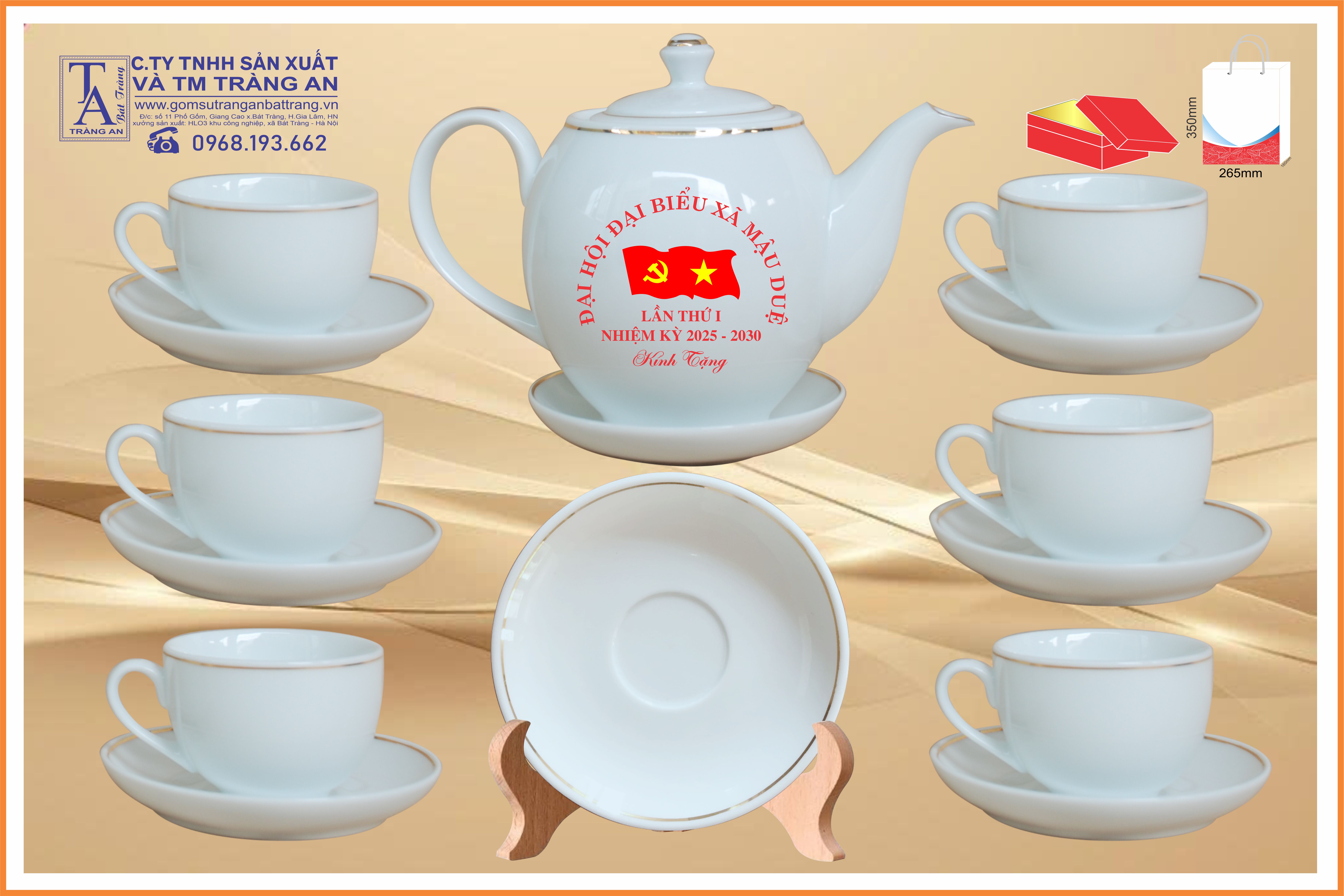 Bộ ấm chén dáng Minh Long, kẻ chỉ vàng kim, in logo